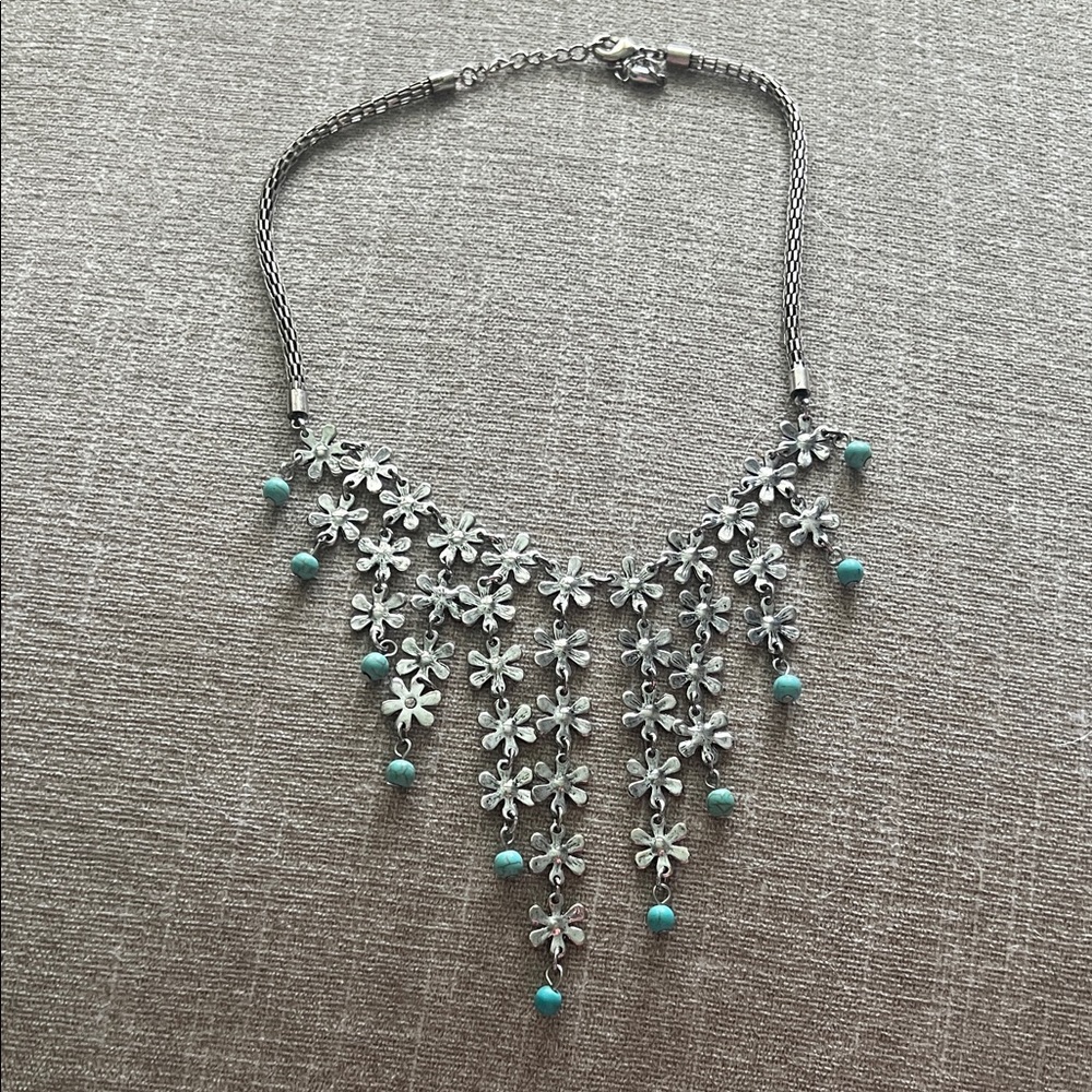 Floral Silver and Turquoise Necklace